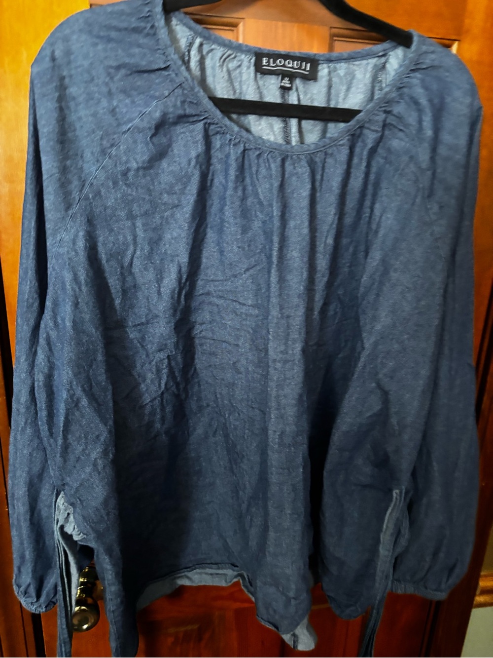 Eloquii Women's Indigo Blue Long-Sleeve Peasant Shirt w/Wrap Around Sash